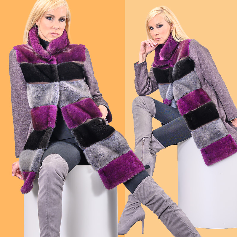 Кашемировое короткое пальто с оторочкой из норки пурпурно-серое.